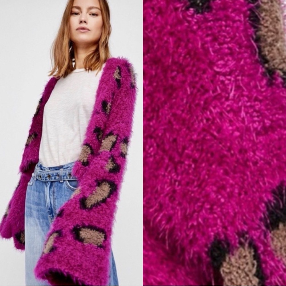 FREE PEOPLE Wild Cat Animal Print Wide Sleeve Sweater Cardigan